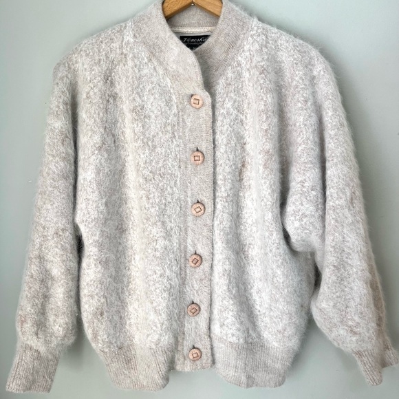 Vintage Angora Cardigan by Venesha Fuzzy Cream Sweater Md in